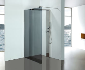 Cercos de vidro cinzentos do chuveiro do banheiro com os painéis de aço inoxidável da coluna do chuveiro