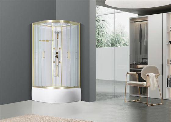 Cabine do chuveiro com a bandeja acrílica branca 900*900*2150cm   alumimium do ouro, bandeja alta